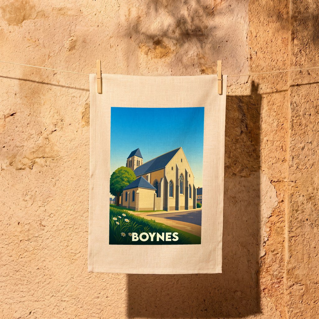 Torchon souvenir de la ville de Boynes illustré d'un dessin stylisé de son église.
