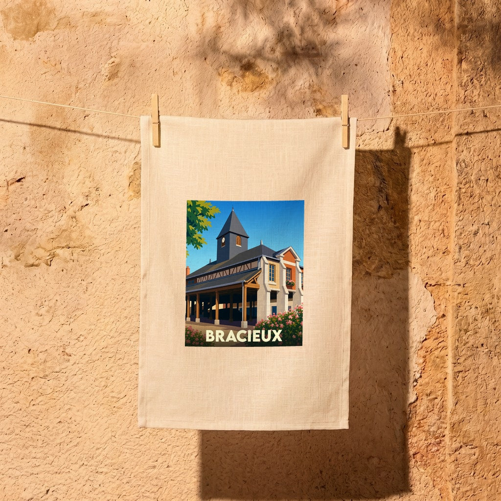 Torchon souvenir de la ville de Bracieux avec une illustration stylisée de ses halles historiques.