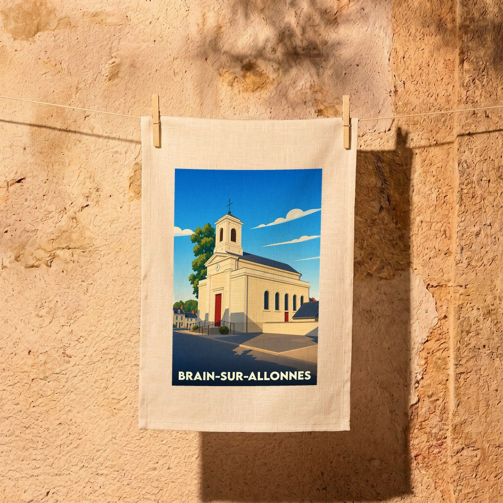 Torchon souvenir de la ville de Brain-sur-Allonnes avec une illustration stylisée de son église.
