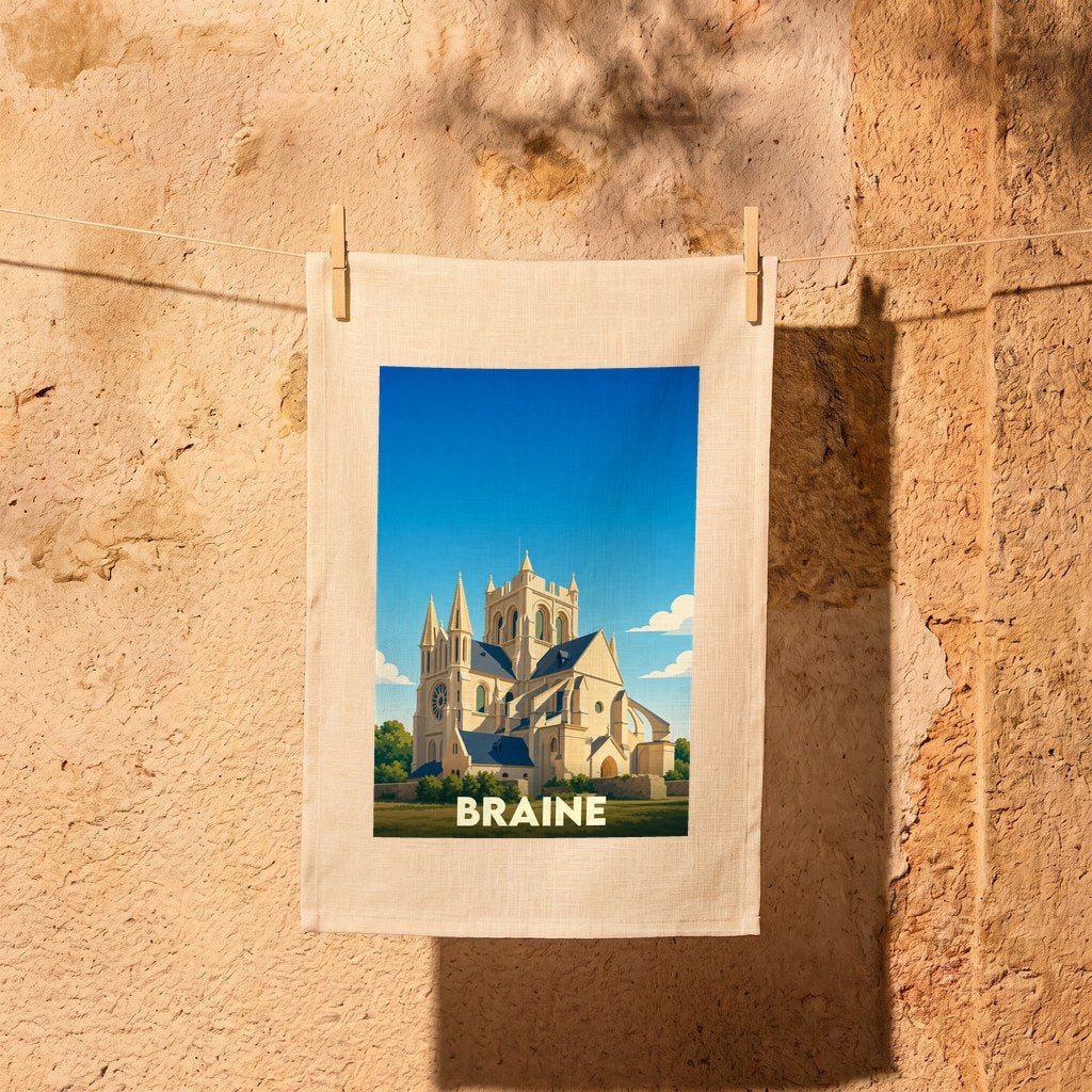 Torchon souvenir de la ville de Braine orné d'une illustration stylisée de son abbatiale.