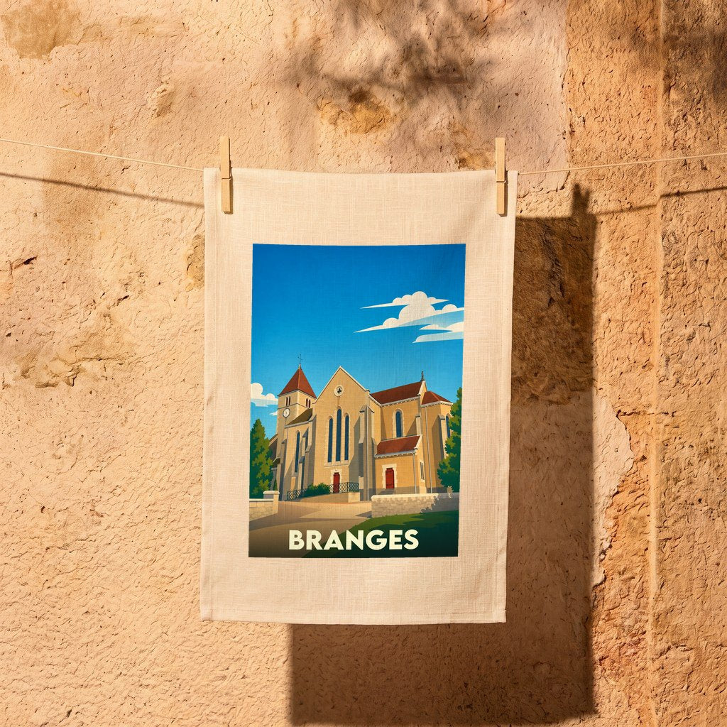 Torchon souvenir de la ville de Branges avec une illustration stylisée de son église.