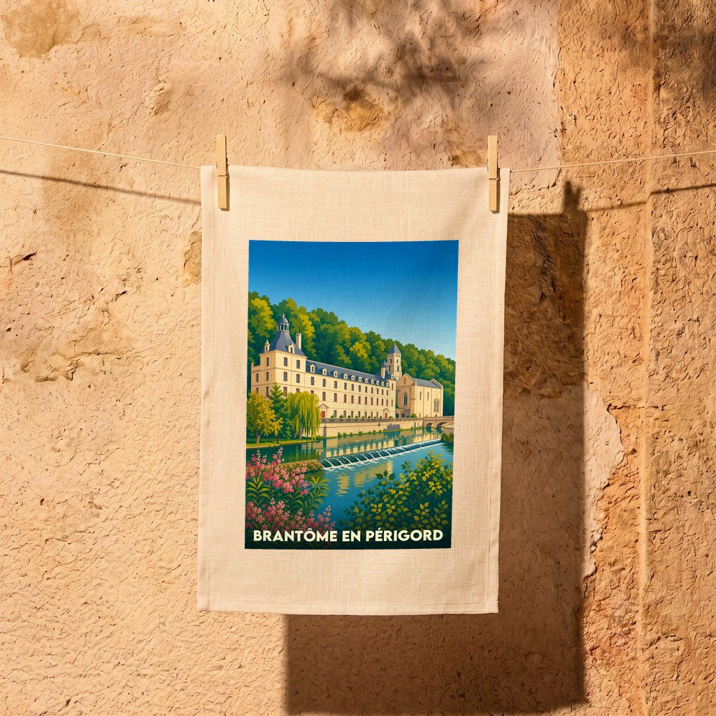 Torchon souvenir de la ville de Brantôme en Périgord orné d'une illustration stylisée de son abbaye au bord de l'eau.