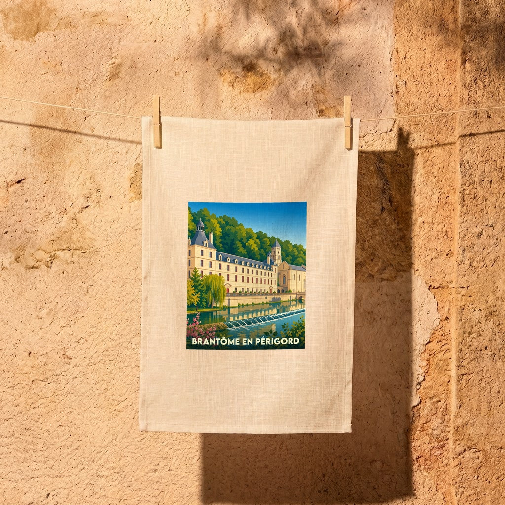Torchon souvenir de la ville de Brantôme en Périgord orné d'une illustration stylisée de son abbaye au bord de l'eau.