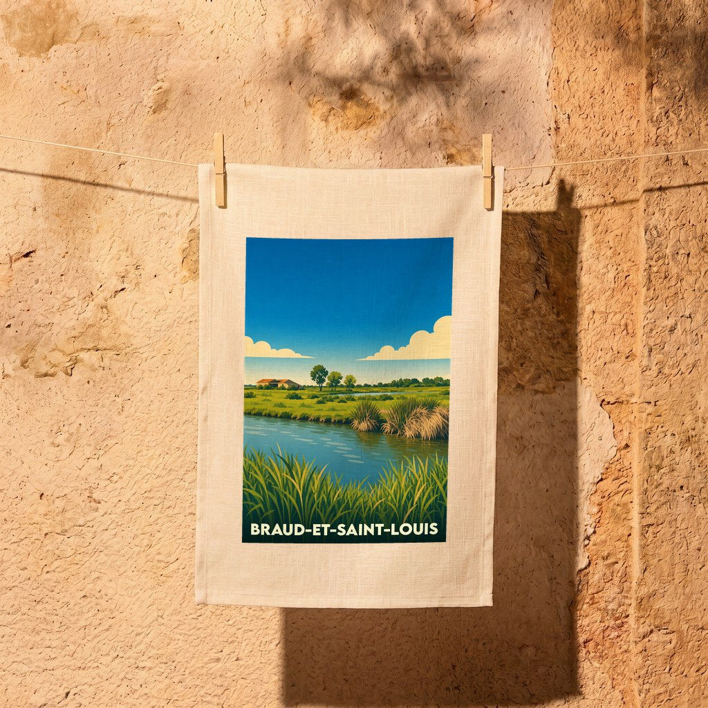Torchon souvenir de la ville de Braud-et-Saint-Louis avec une illustration de paysage de marais stylisée.
