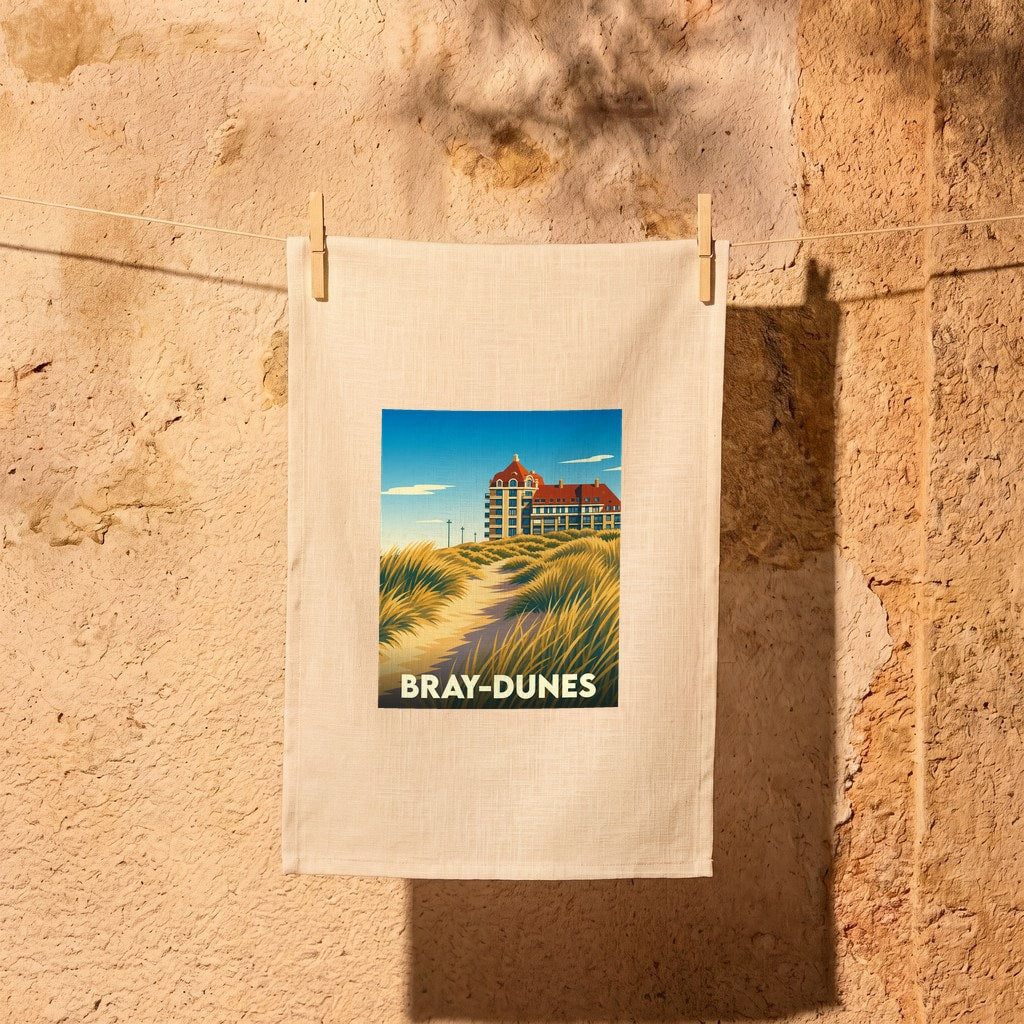Torchon souvenir de la ville de Bray-Dunes orné d'une illustration stylisée de ses dunes et de son architecture.