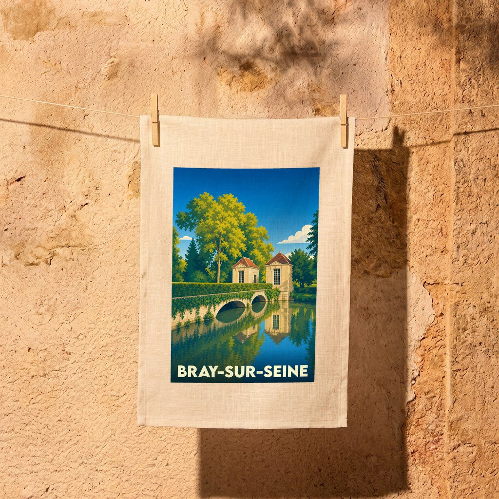 Torchon souvenir de la ville de Bray-sur-Seine avec une illustration stylisée d'un pont et d'un bâtiment au bord de l'eau.