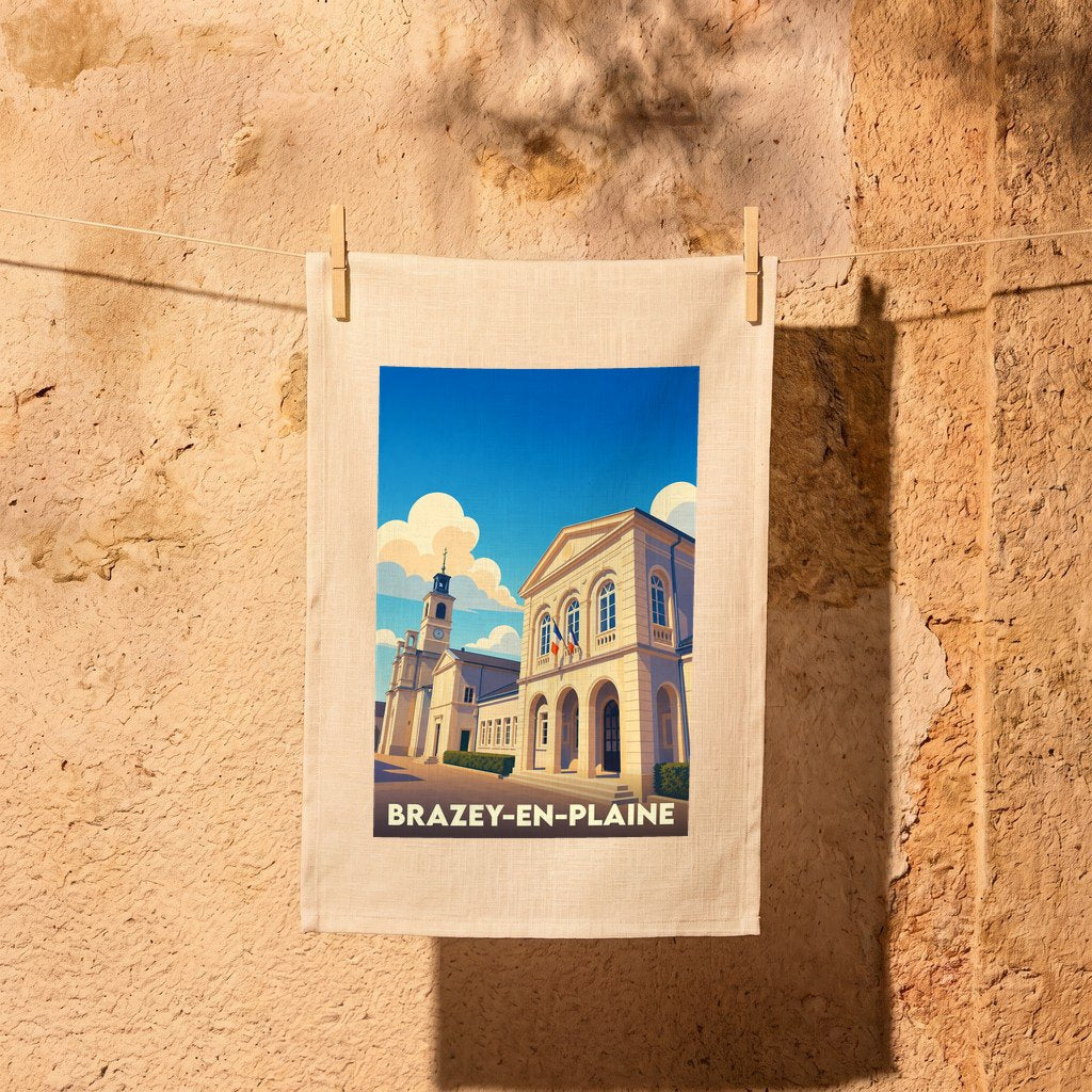 Torchon souvenir de la ville de Brazey-en-Plaine avec une illustration stylisée de son architecture locale.