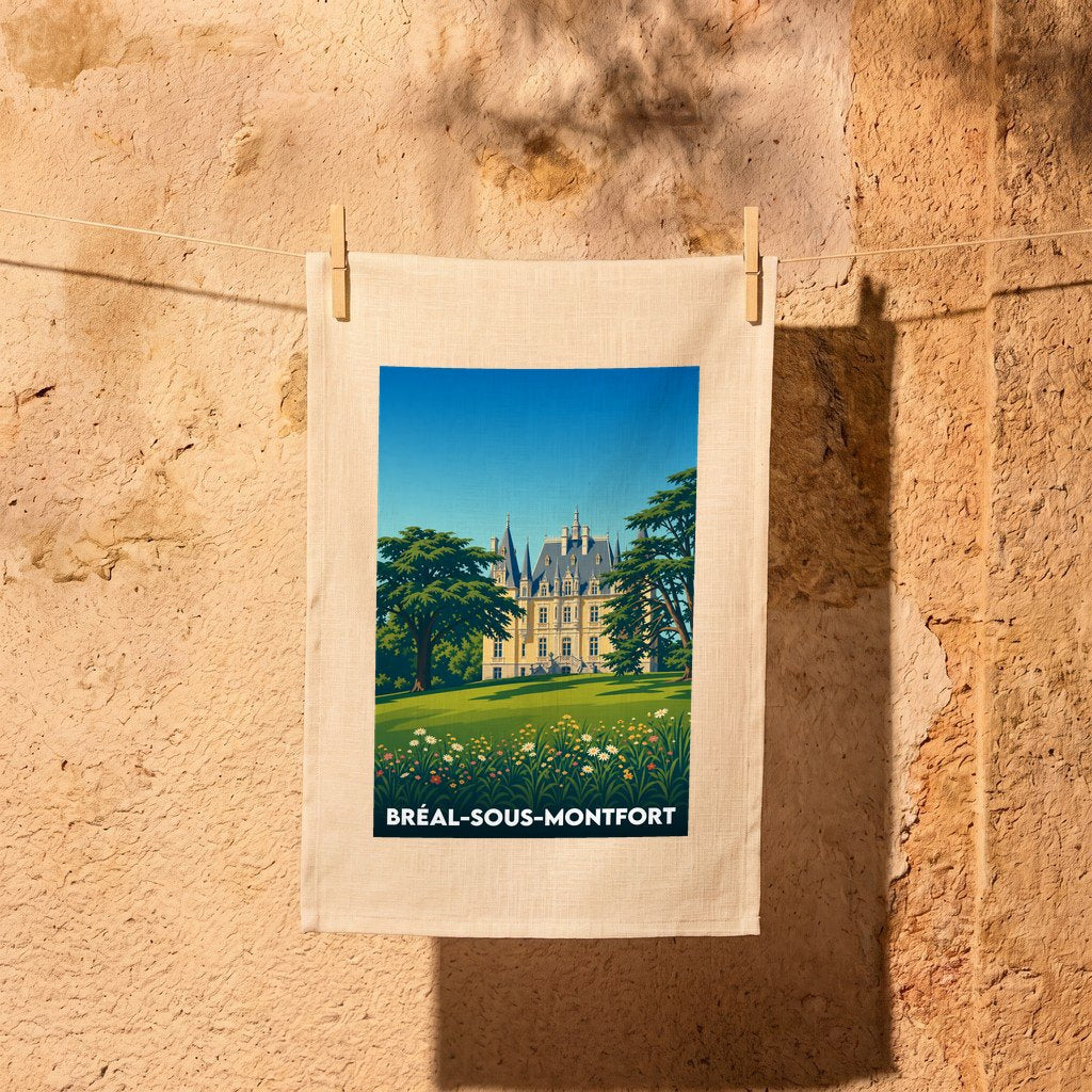 Torchon souvenir de la ville de Bréal-sous-Montfort avec une illustration stylisée du château de la Haute-Forêt.
