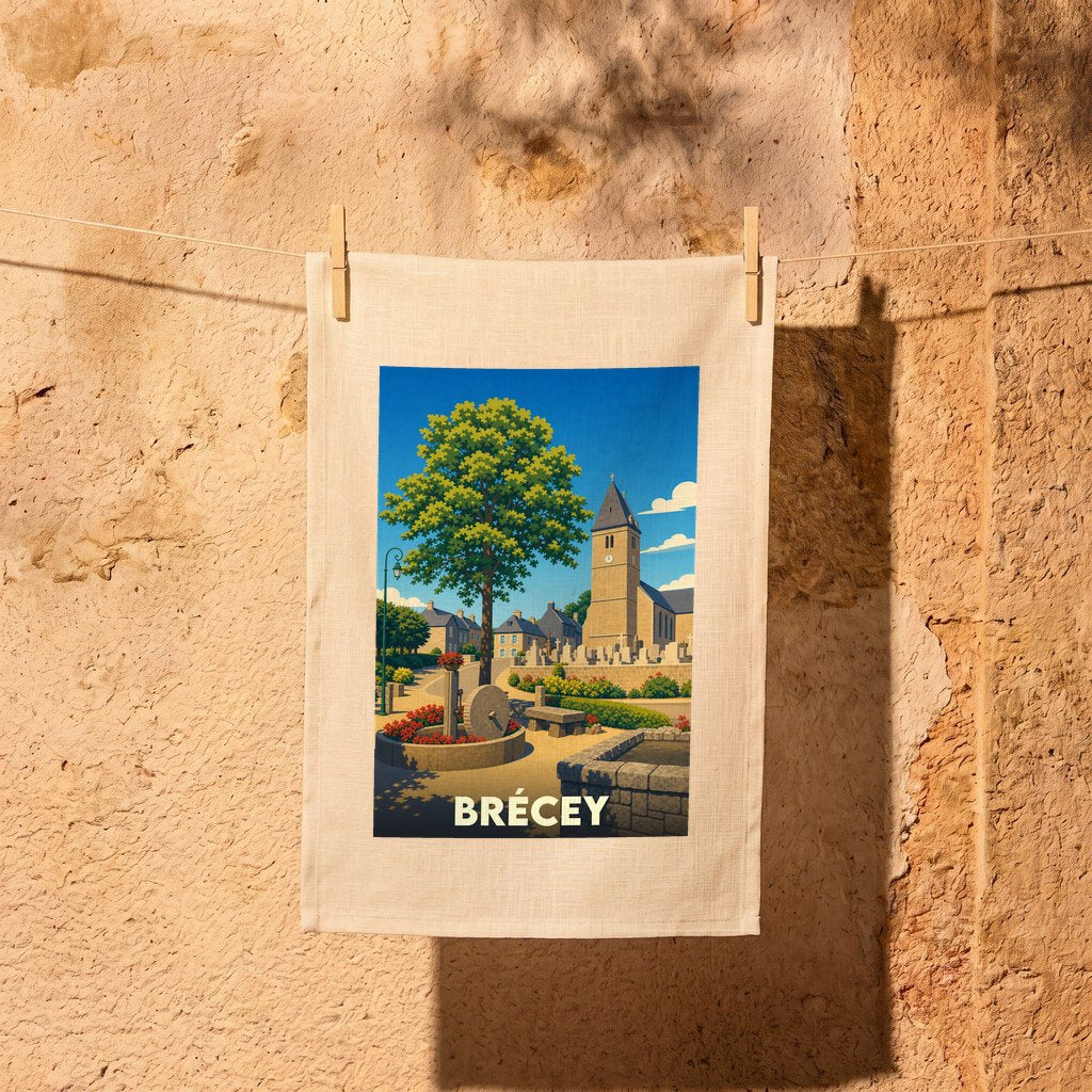 Torchon souvenir de la ville de Brécey avec une illustration stylisée d'une place arborée et de son église.