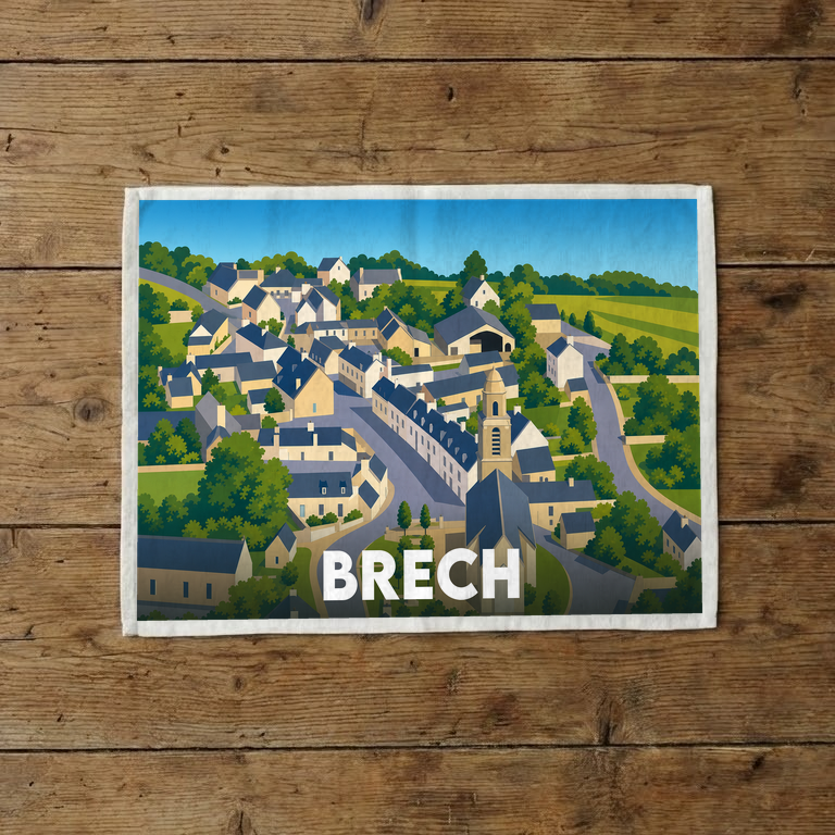 Torchon souvenir de la ville de Brech illustré d'une vue aérienne stylisée et colorée.