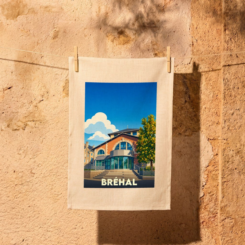 Torchon souvenir de la ville de Bréhal illustré d'un bâtiment moderne sous un ciel azur.