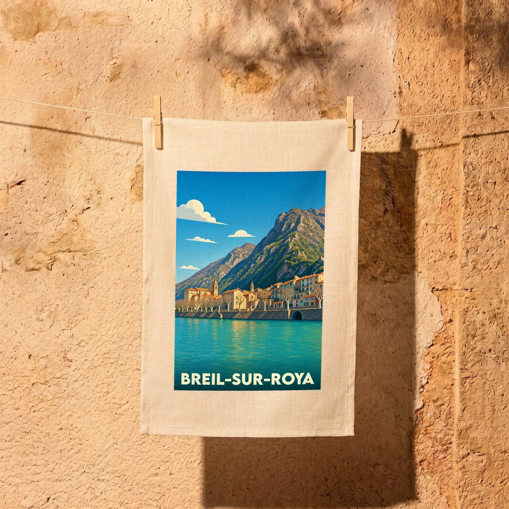 Torchon souvenir de la ville de Breil-sur-Roya avec une illustration stylisée.