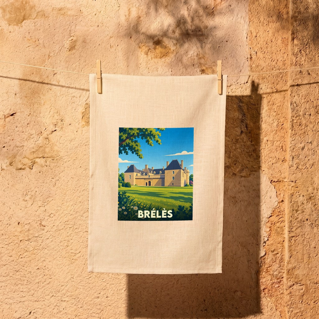Torchon souvenir de la ville de Brélès avec une illustration stylisée de son château.