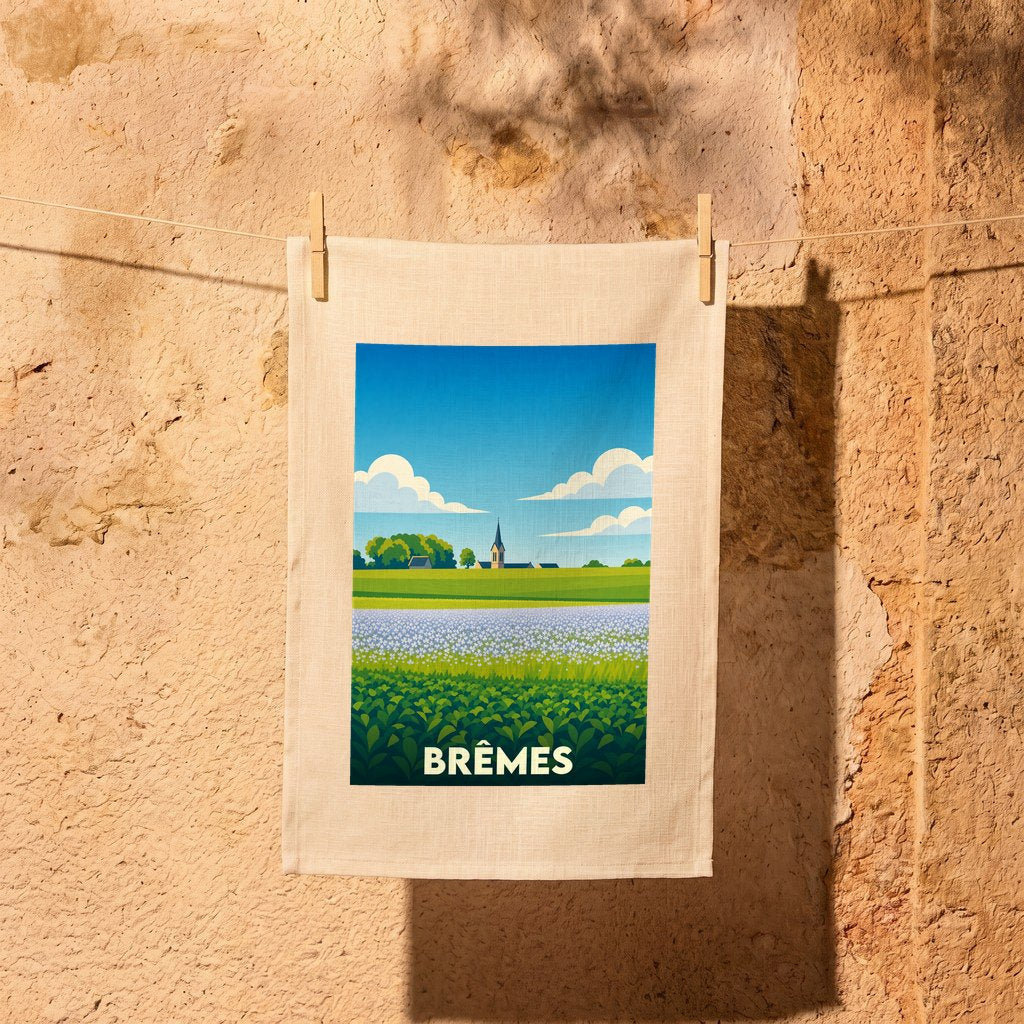 Torchon souvenir de la ville de Brêmes avec une illustration paysagère stylisée.