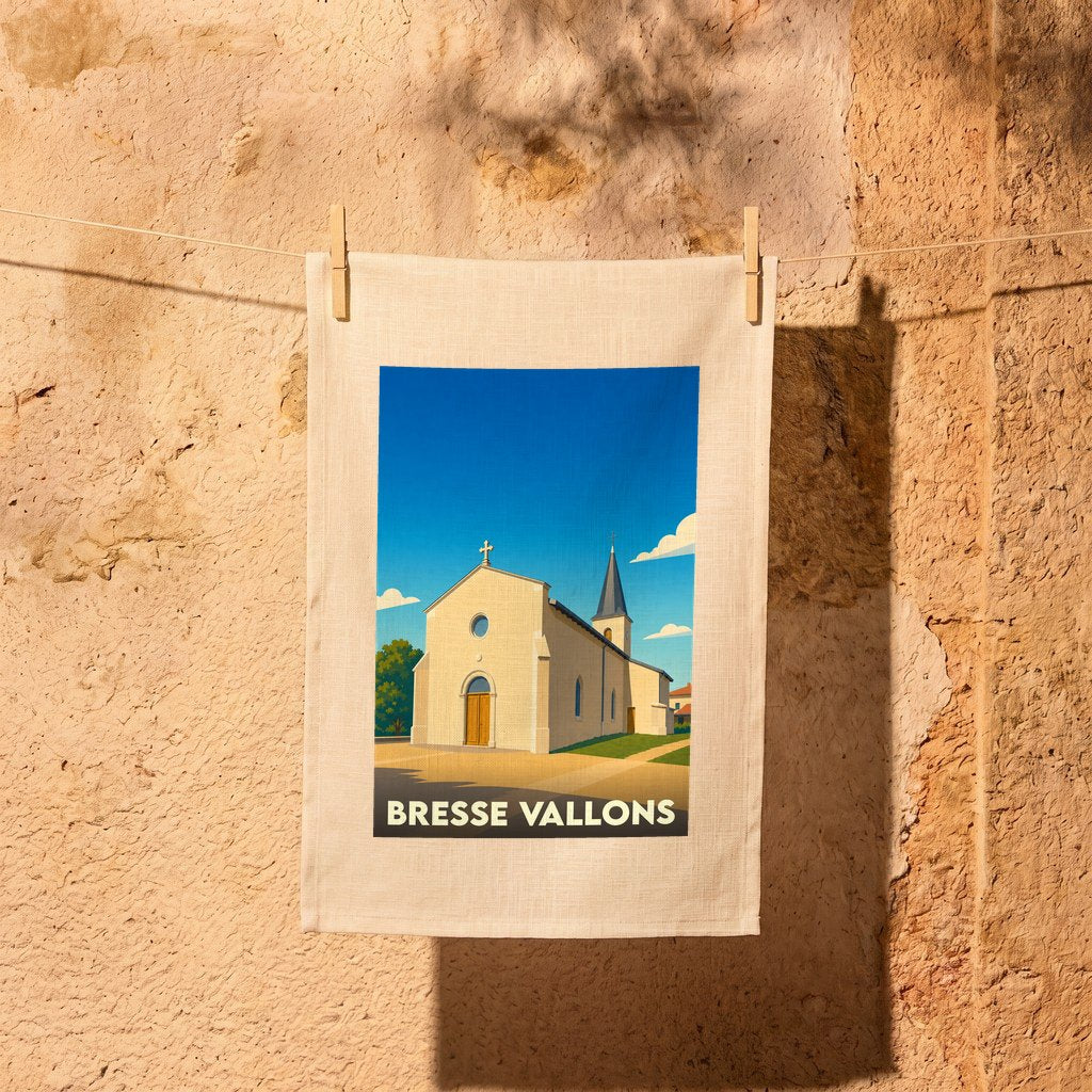 Torchon souvenir de la ville de Bresse Vallons avec une illustration stylisée de son église.