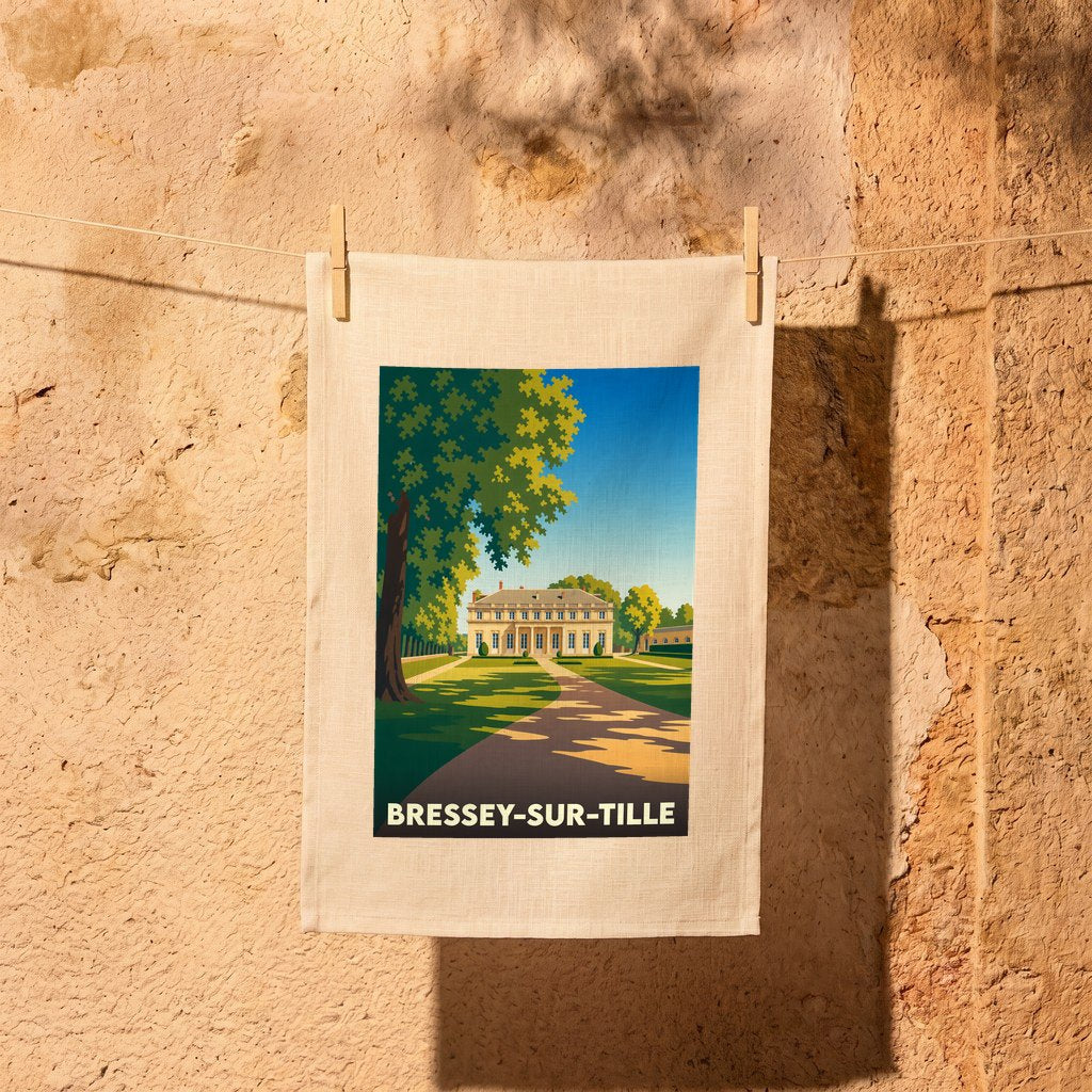 Torchon souvenir de la ville de Bressey-sur-Tille avec une illustration stylisée de son château.