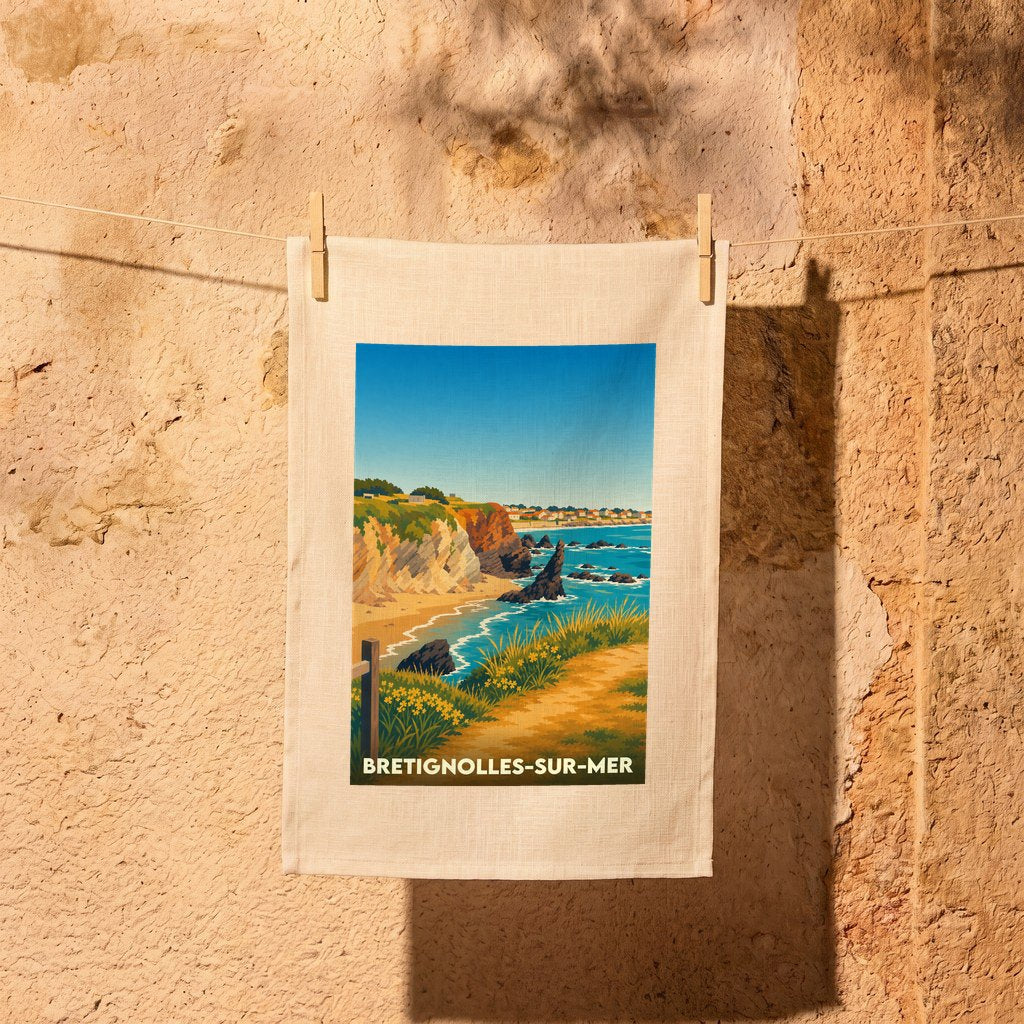 Torchon de cuisine en lin blanc avec une illustration de bord de mer rétro de la ville de Bretignolles-sur-Mer.