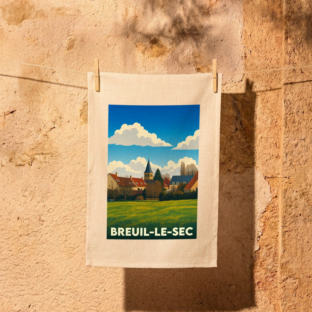Torchon souvenir de la ville de Breuil-le-Sec avec une illustration stylisée de son paysage urbain et champêtre.