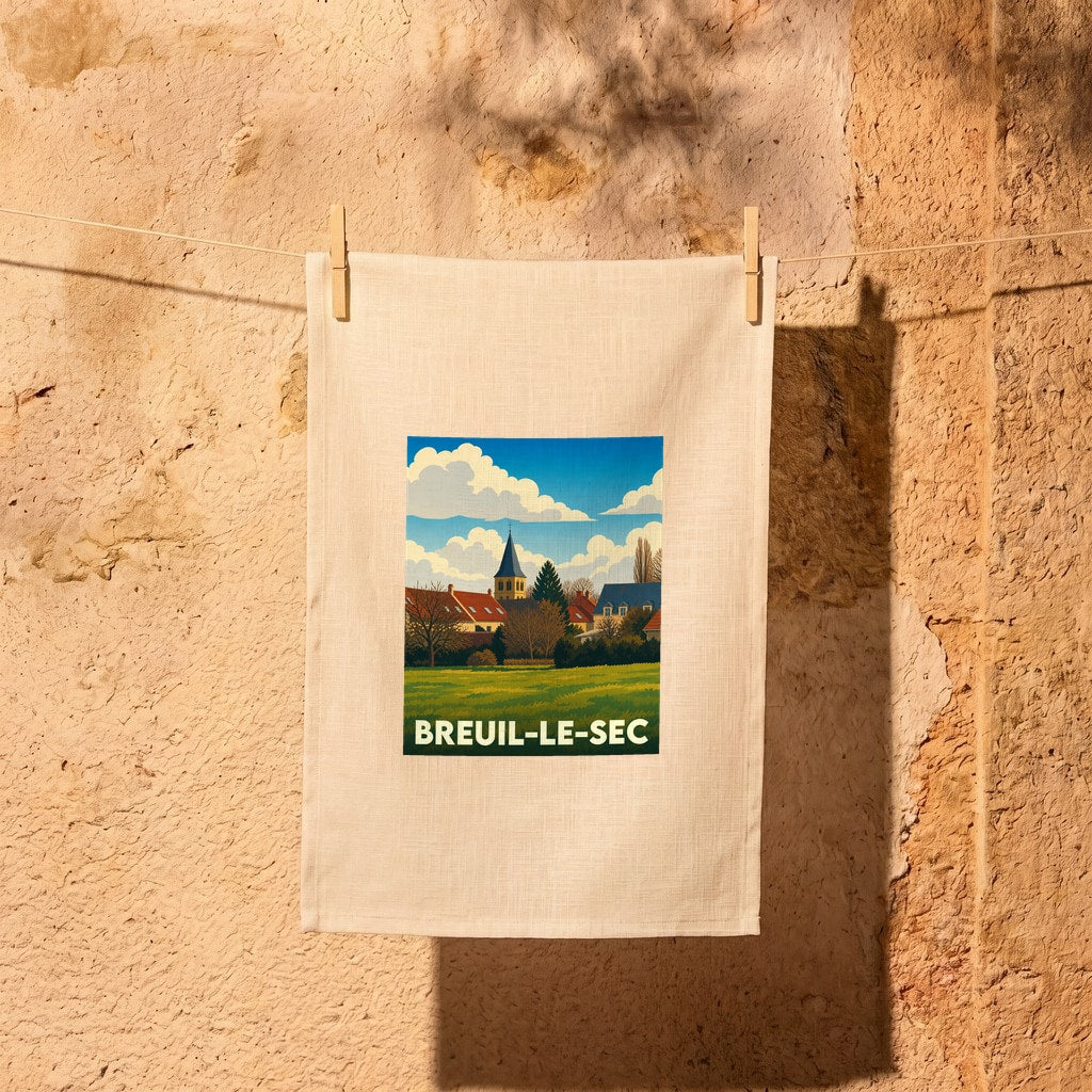 Torchon souvenir de la ville de Breuil-le-Sec avec une illustration stylisée de son paysage urbain et champêtre.