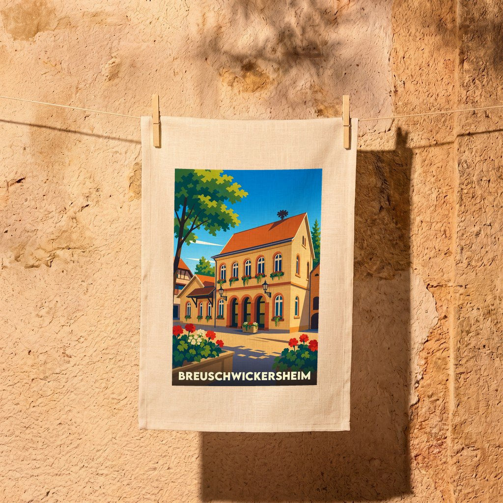 Torchon souvenir de la ville de Breuschwickersheim avec une illustration stylisée.
