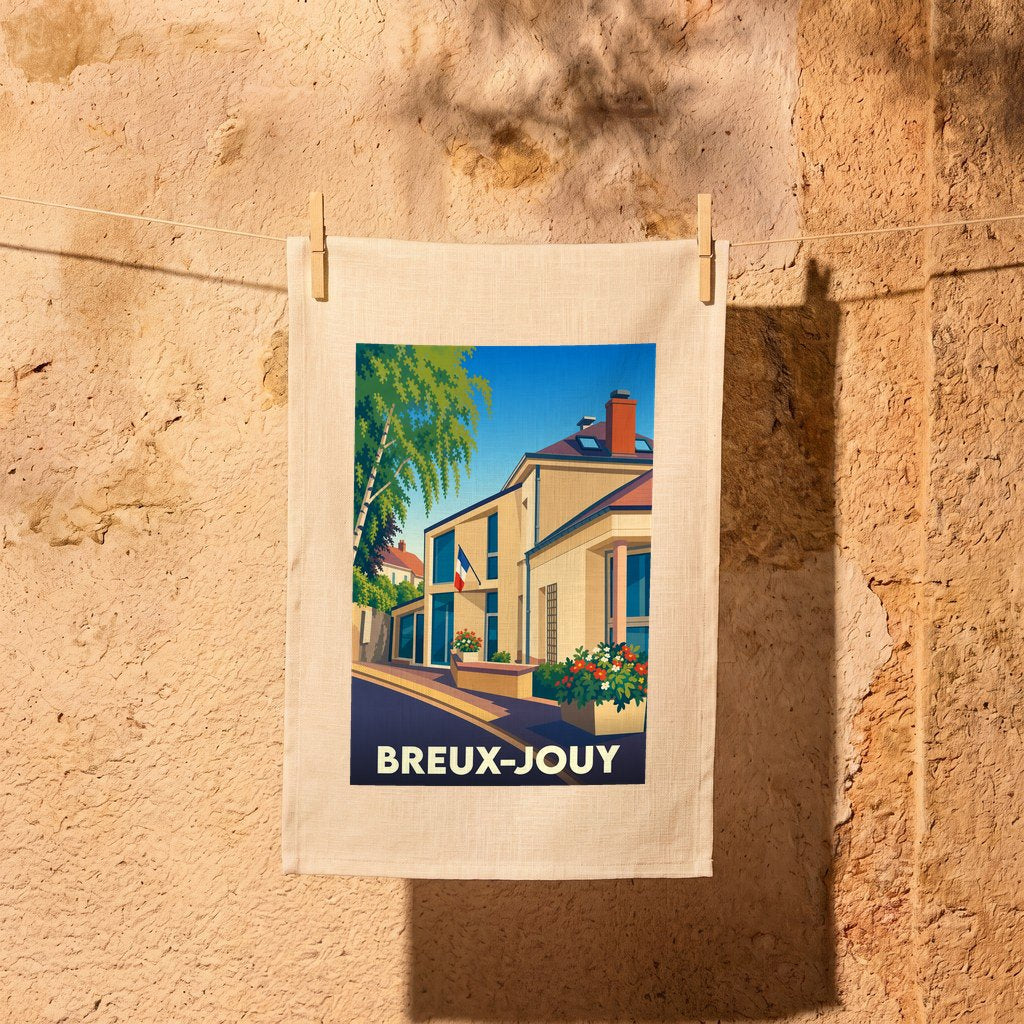 Torchon souvenir de la ville de Breux-Jouy avec une illustration stylisée et colorée.