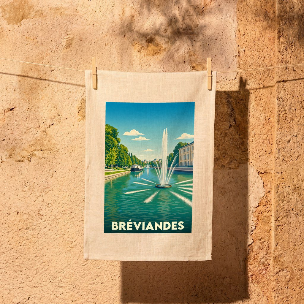 Torchon souvenir de la ville de Bréviandes illustré d'une fontaine stylisée sur un canal.