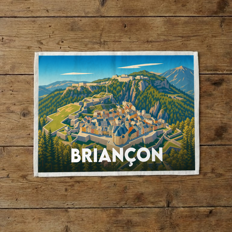 Torchon souvenir de la ville de Briançon avec une illustration stylisée de sa citadelle nichée dans les montagnes.