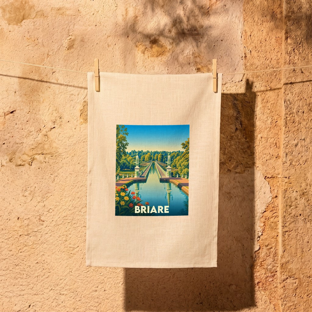 Torchon souvenir de la ville de Briare avec une illustration stylisée de son célèbre pont-canal.