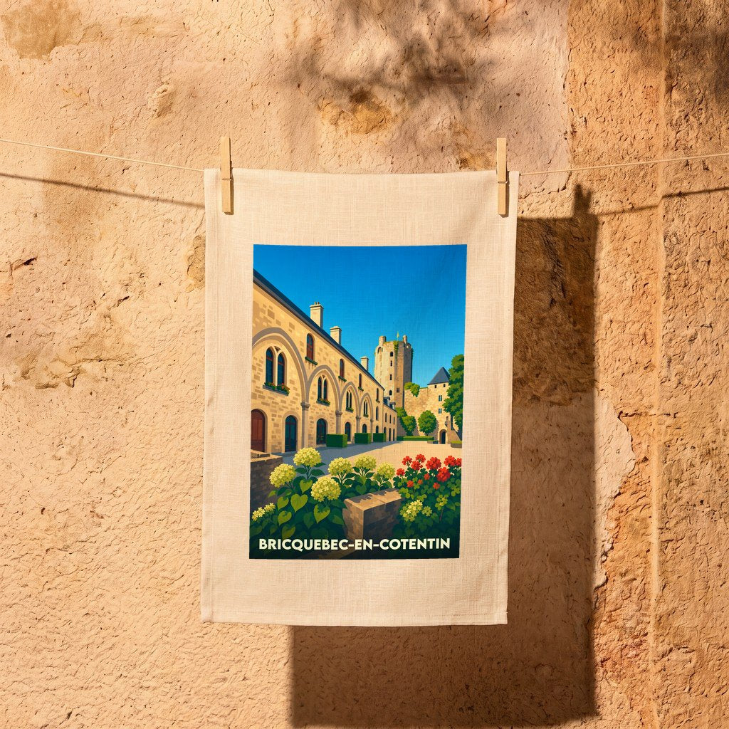 Torchon souvenir de Bricquebec-en-Cotentin orné d'une illustration stylisée du château et de ses jardins.