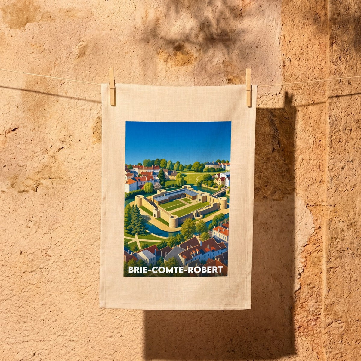 Torchon souvenir de la ville de Brie-Comte-Robert avec une illustration stylisée.
