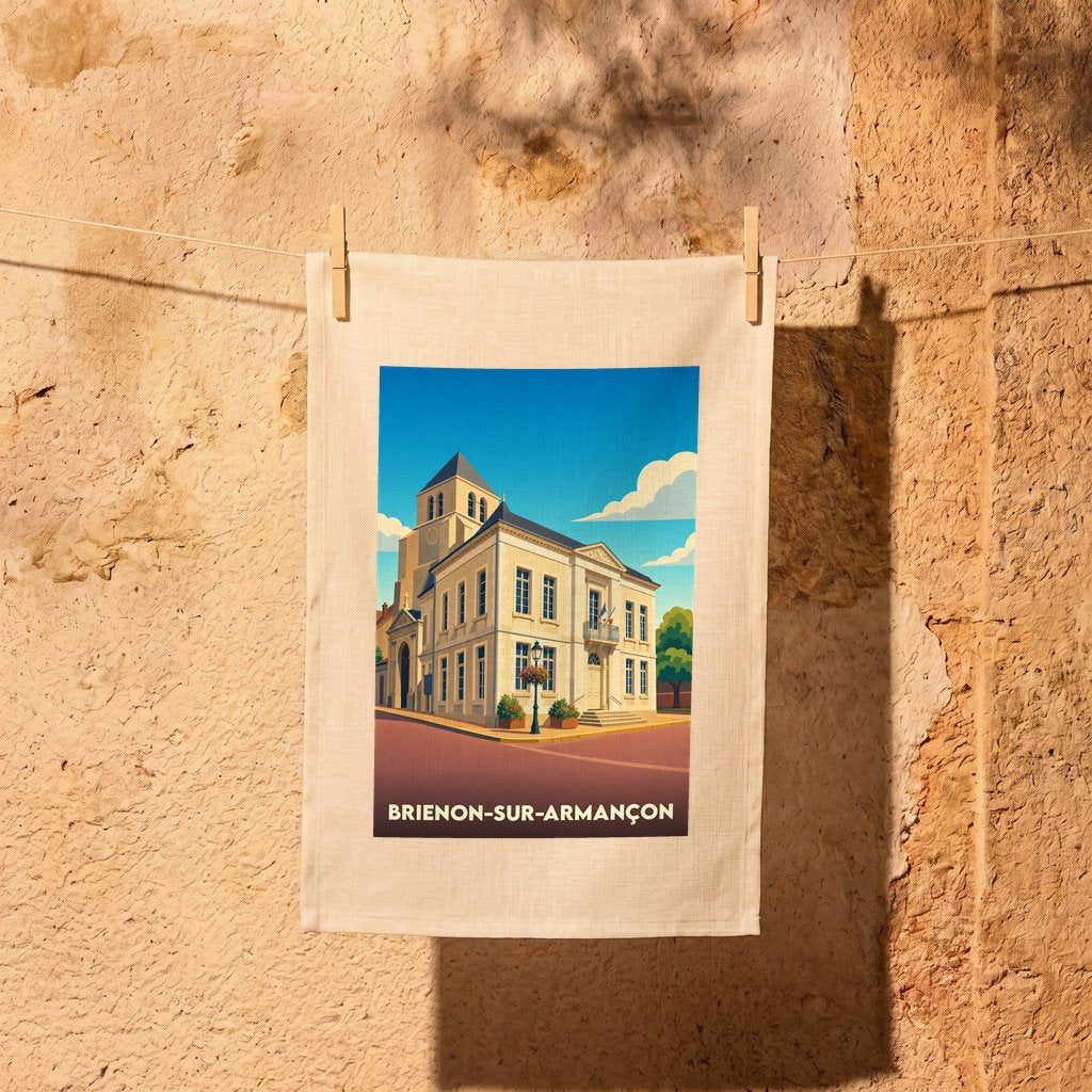 Torchon souvenir de la ville de Brienon-sur-Armançon avec une illustration stylisée de son hôtel de ville.