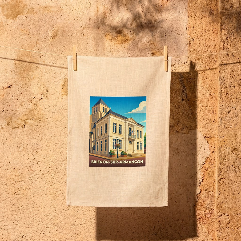 Torchon souvenir de la ville de Brienon-sur-Armançon avec une illustration stylisée de son hôtel de ville.