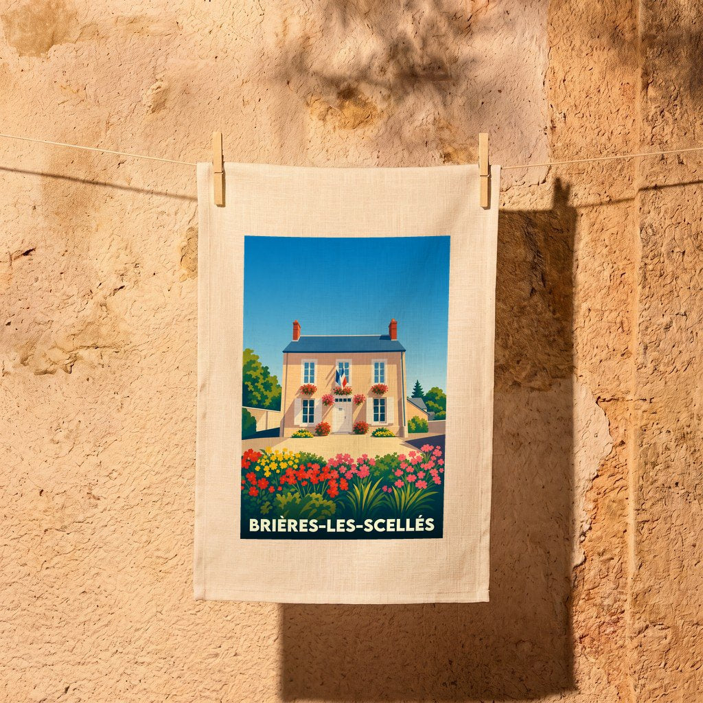 Torchon souvenir de la ville de Brières-les-Scellés avec une illustration stylisée d'une maison fleurie.