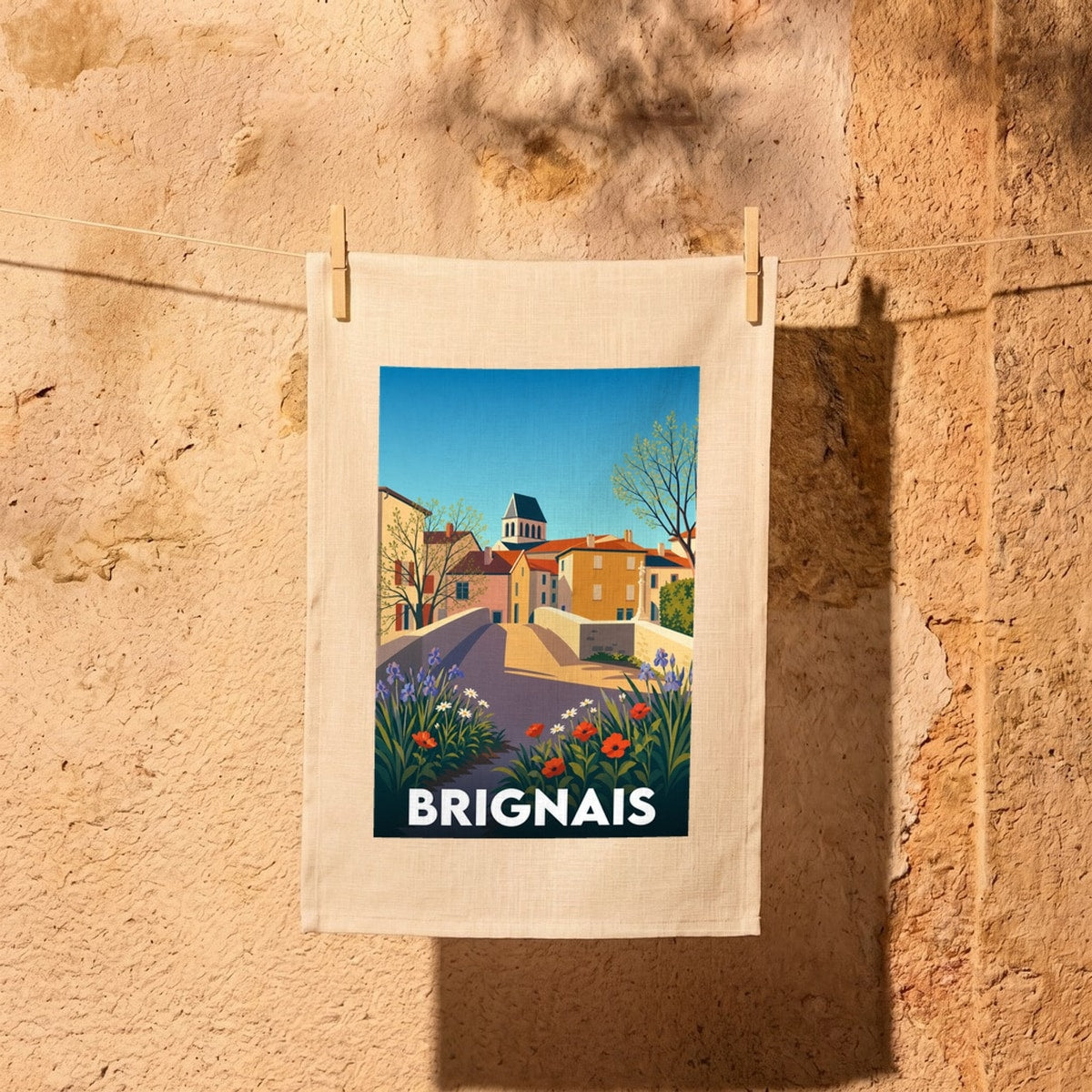 Torchon souvenir de la ville de Brignais avec une illustration stylisée.