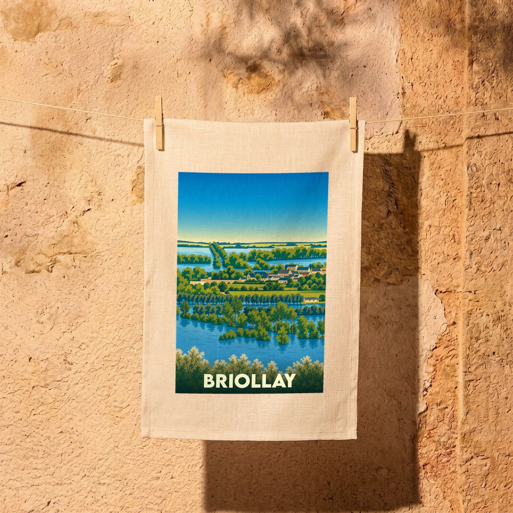 Torchon souvenir de la ville de Briollay illustré d'un paysage fluvial stylisé et coloré.