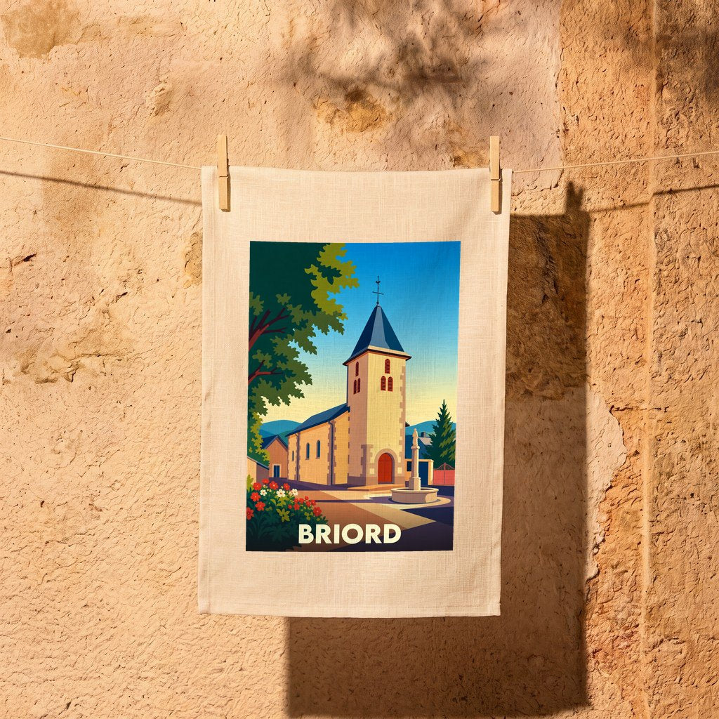 Torchon souvenir de la ville de Briord illustré d'une église pittoresque dans un style affiche rétro.