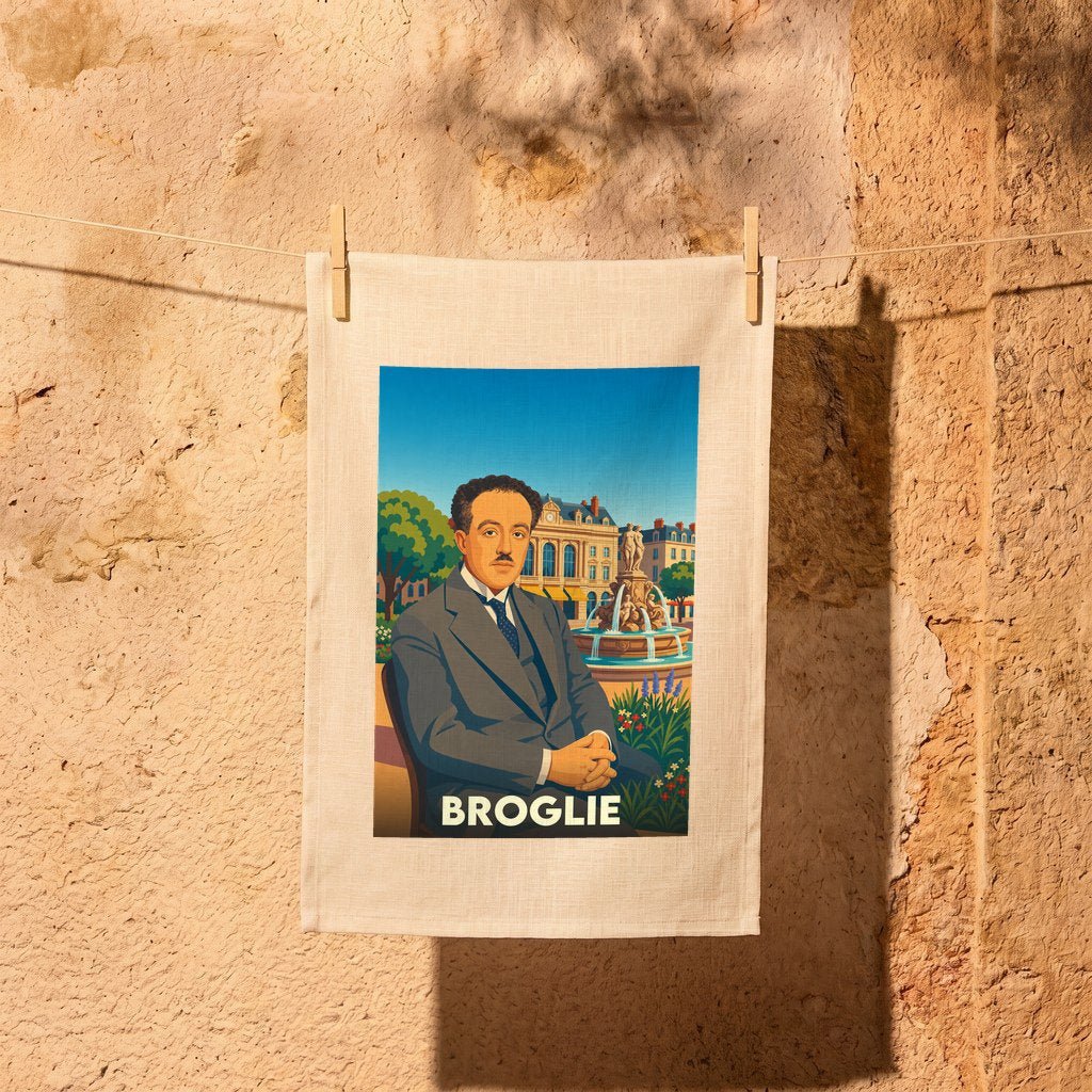 Torchon souvenir de la ville de Broglie illustré d'un portrait stylisé devant une fontaine.