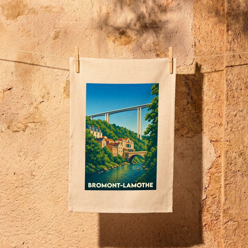 Torchon souvenir de la ville de Bromont-Lamothe avec une illustration stylisée d'un viaduc et d'un village.