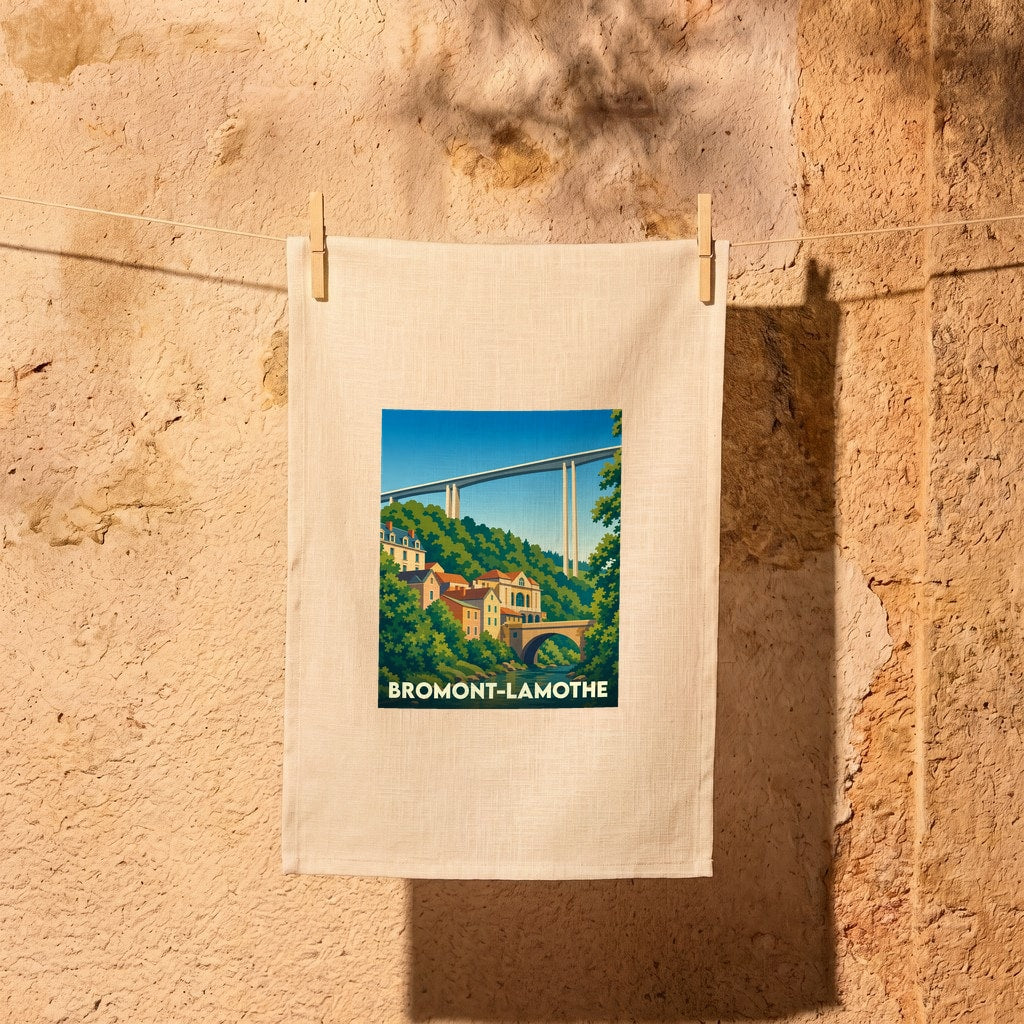 Torchon souvenir de la ville de Bromont-Lamothe avec une illustration stylisée d'un viaduc et d'un village.