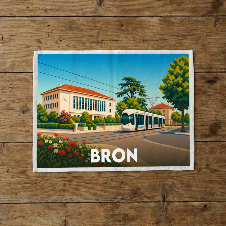 Torchon souvenir de la ville de Bron avec une illustration colorée représentant un tramway et l'hôtel de ville.