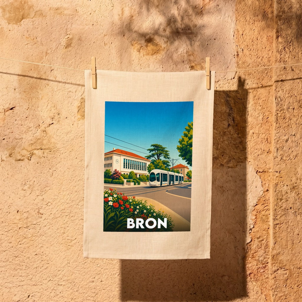 Torchon souvenir de la ville de Bron avec une illustration colorée représentant un tramway et l'hôtel de ville.