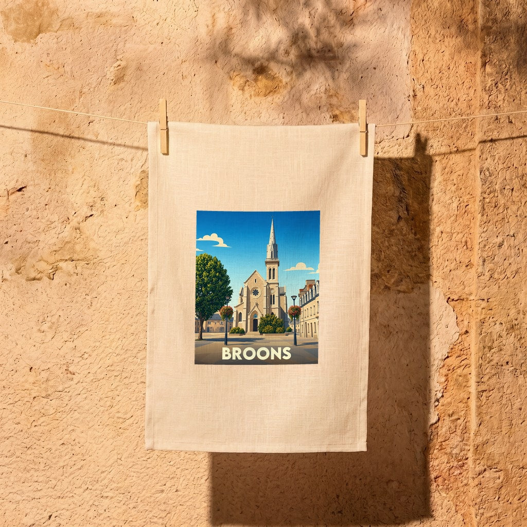 Torchon souvenir de la ville de Broons avec une illustration stylisée de son église et de sa place.