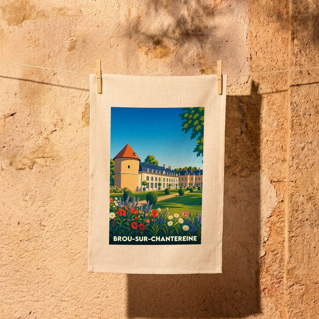 Torchon souvenir de la ville de Brou-sur-Chantereine avec une illustration stylisée de son château et de ses jardins.