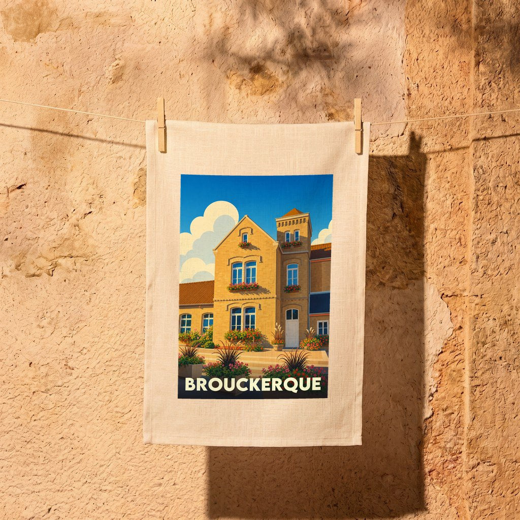 Torchon souvenir de la ville de Brouckerque orné d'une illustration stylisée de son architecture locale.