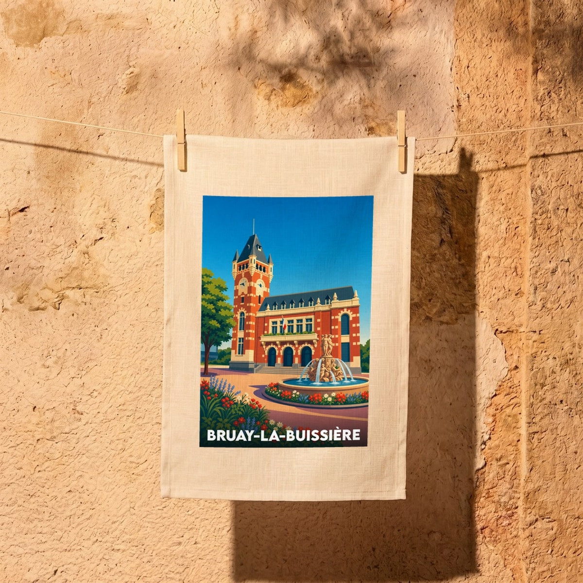 Torchon souvenir de la ville de Bruay-la-Buissière avec une illustration stylisée de son hôtel de ville.