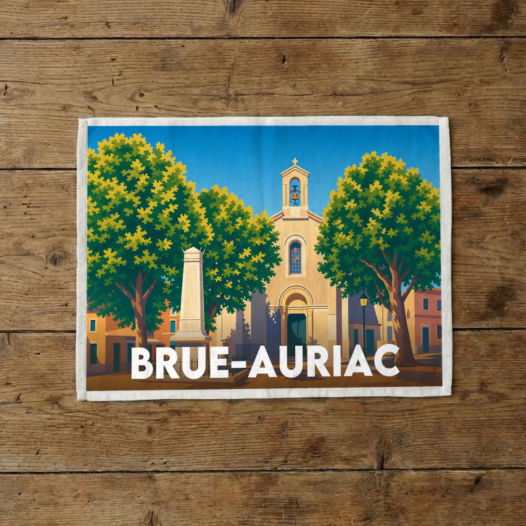 Torchon souvenir de la ville de Brue-Auriac avec une illustration stylisée.