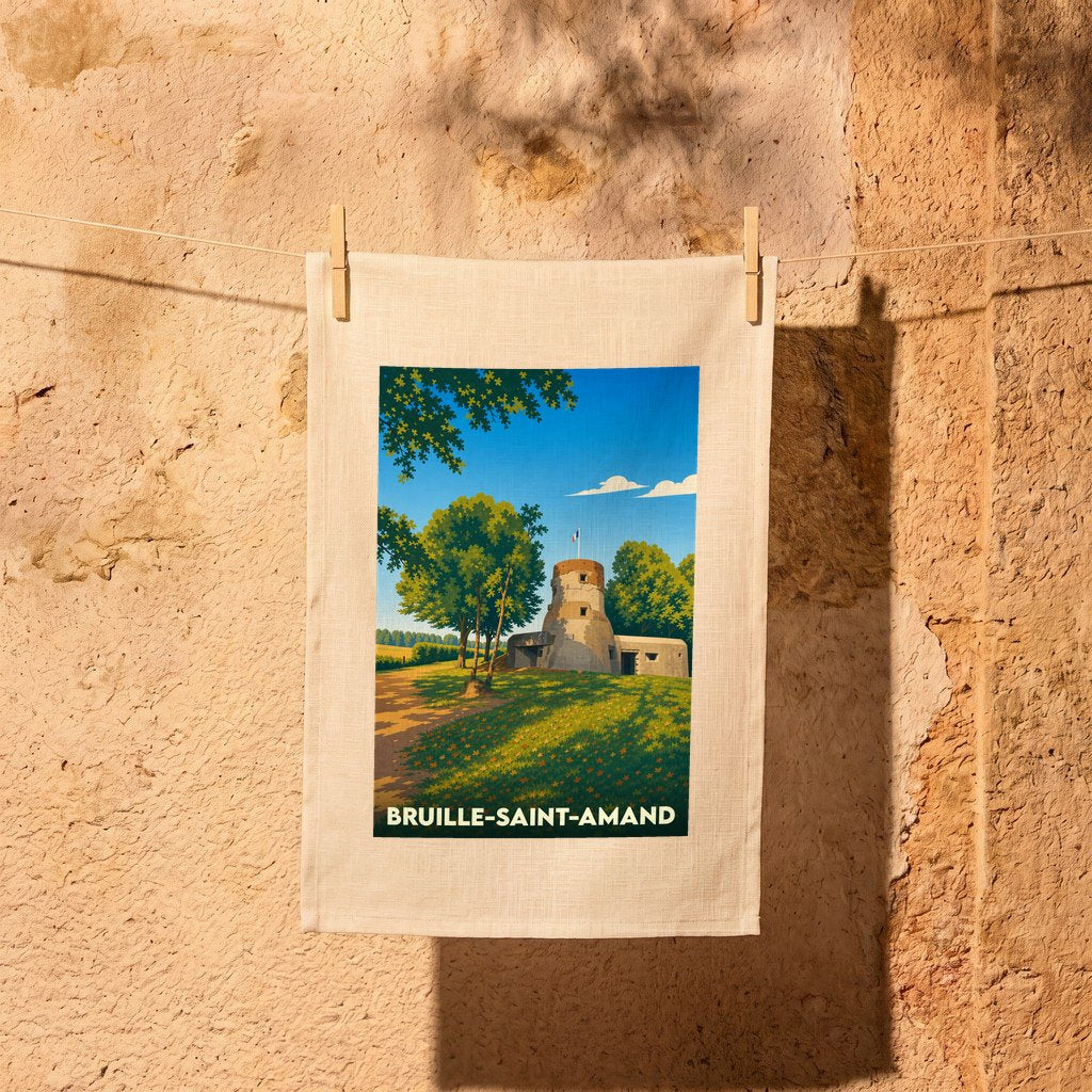 Torchon souvenir de la ville de Bruille-Saint-Amand avec une illustration stylisée d'un moulin fortifié.