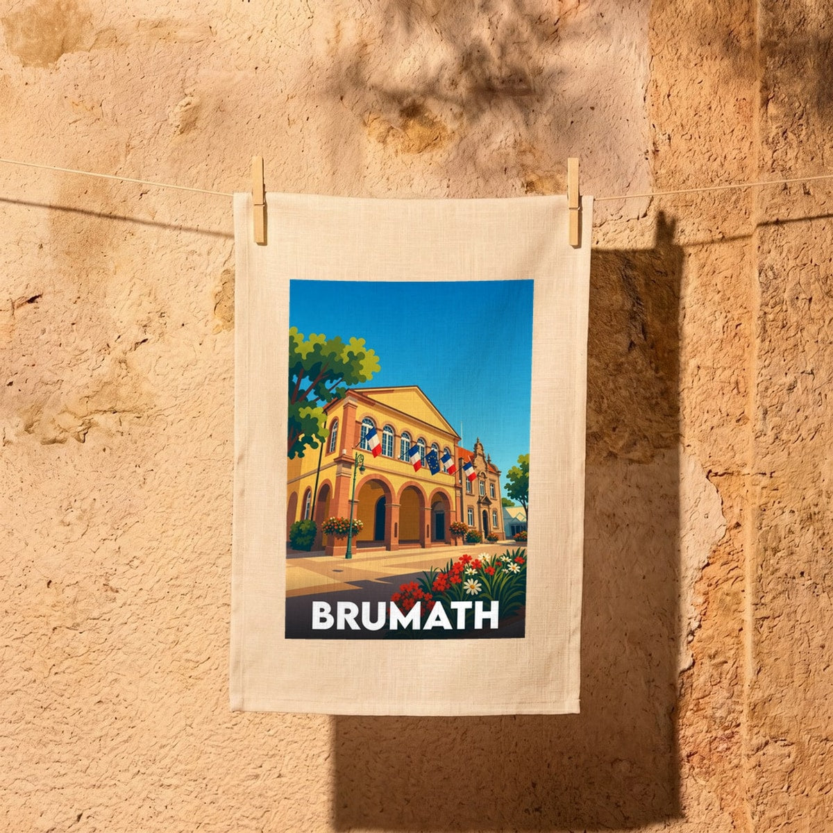 Torchon souvenir de la ville de Brumath avec une illustration stylisée de son architecture locale.