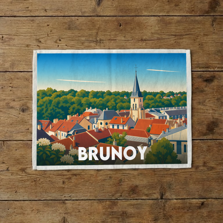 Torchon souvenir de la ville de Brunoy illustré d'une vue stylisée sur ses toits et son église.
