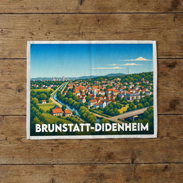 Torchon souvenir de la ville de Brunstatt-Didenheim avec une illustration stylisée et colorée.